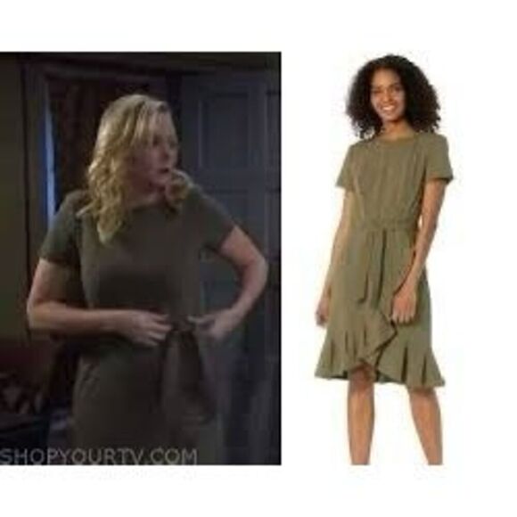 Calvin Klein Women's 6 Ruffle Hem Wrap Dress Solid Olive Green Flounce Cocktial - Picture 2 of 12